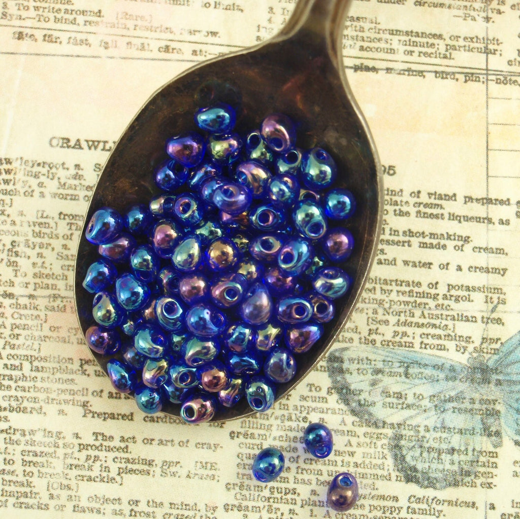Transparent Cobalt AB Miyuki Drop Beads - Fringe, End, Termination Row