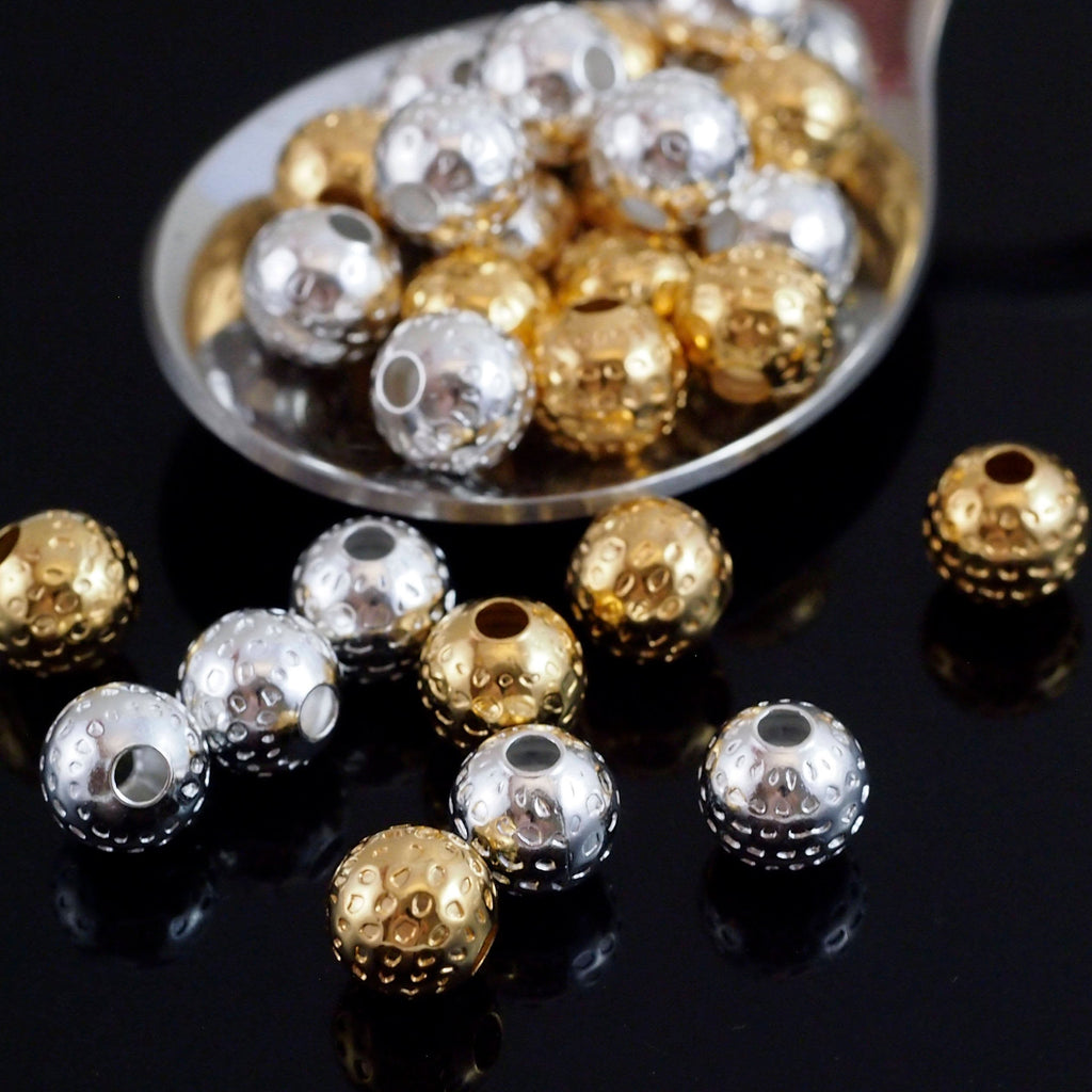 20 Dimpled Round Beads - Silver and Gold Plate, 6mm and 8mm