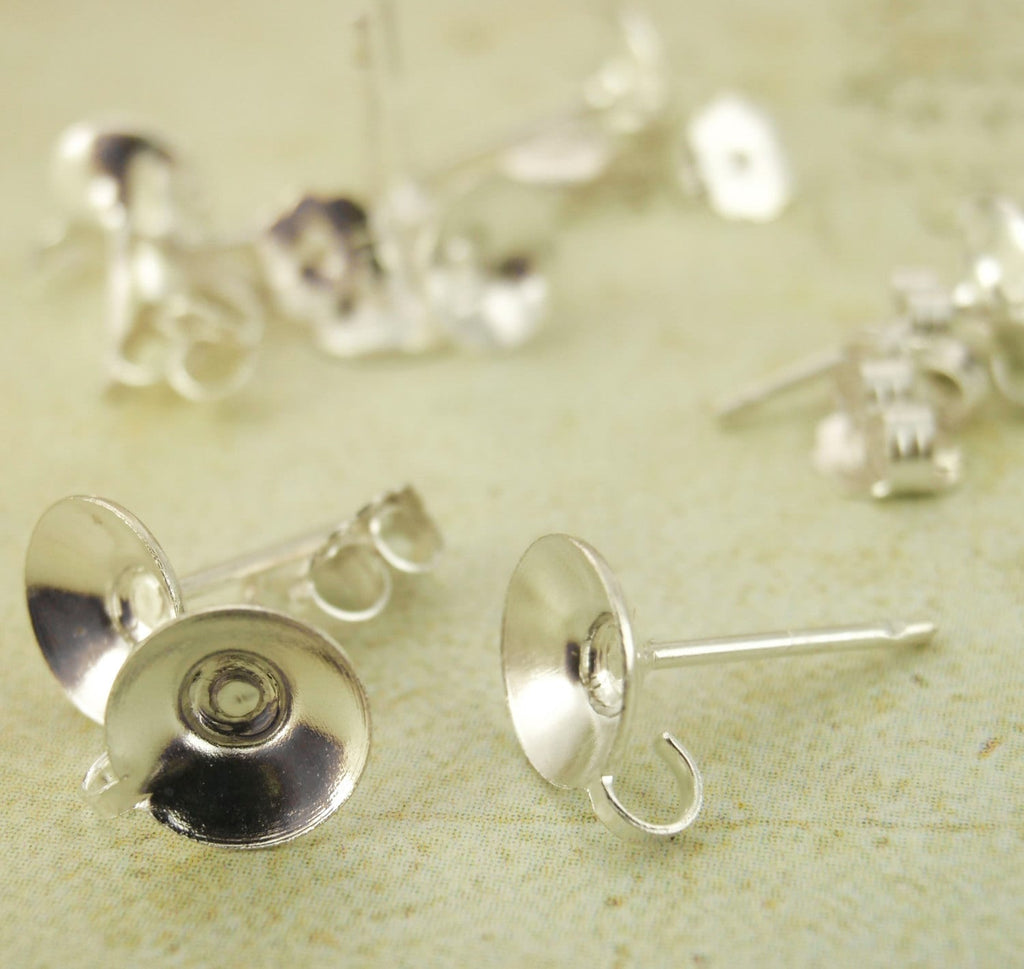 5 Pairs Sterling Silver or Antique Sterling Silver Earring Posts - 6mm Cup and Loop and Ear Nuts - Made in the USA