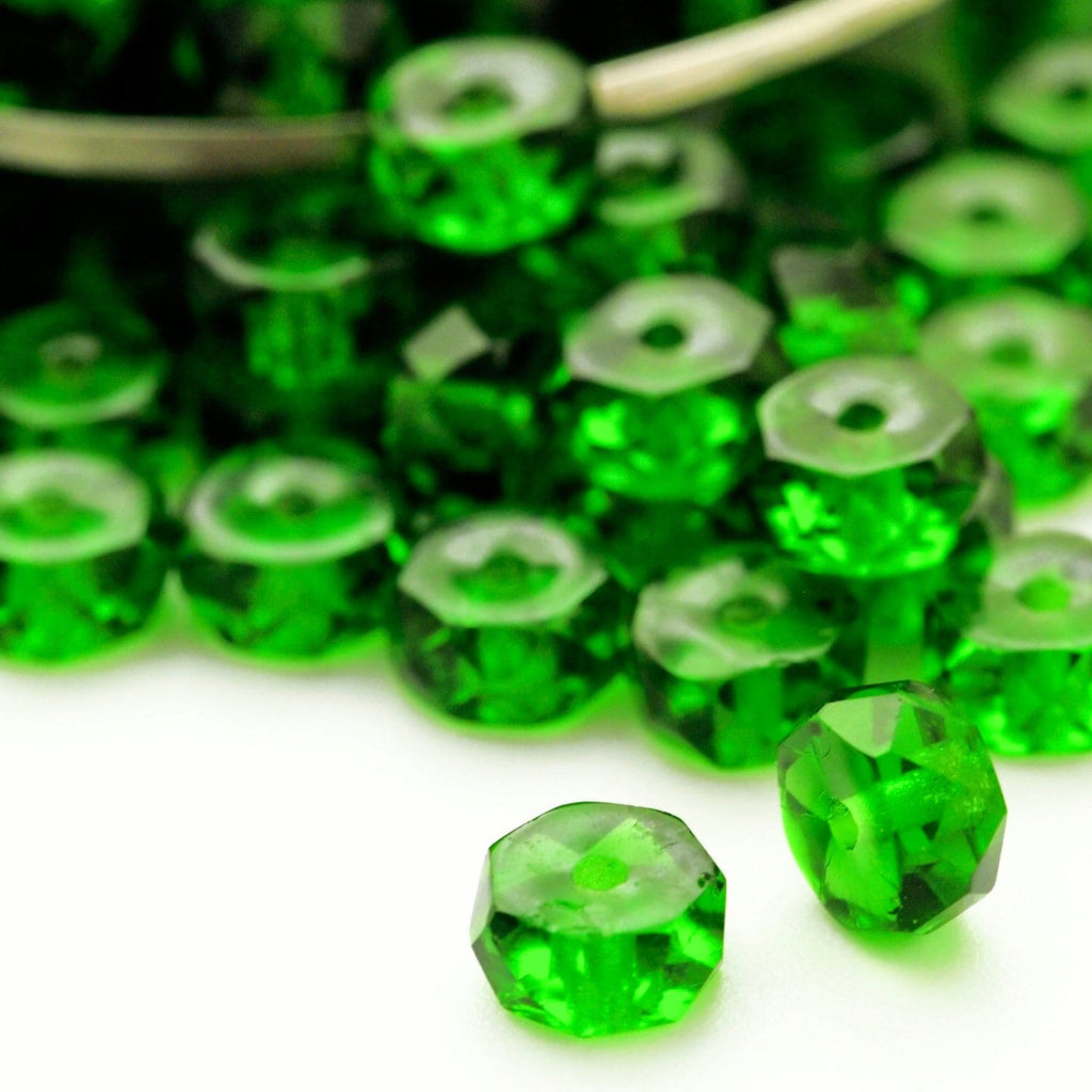 30 - Faceted Crow Beads - 6mm X 3mm Fire Polished Green Emerald Czech Glass Beads - 100% Guarantee
