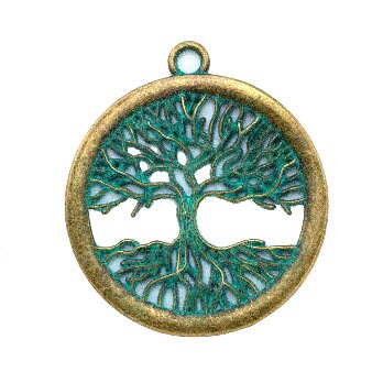 Round Tree of Life Pendant - 42mm in Antique Brass and Blue Green Verdigris Patina