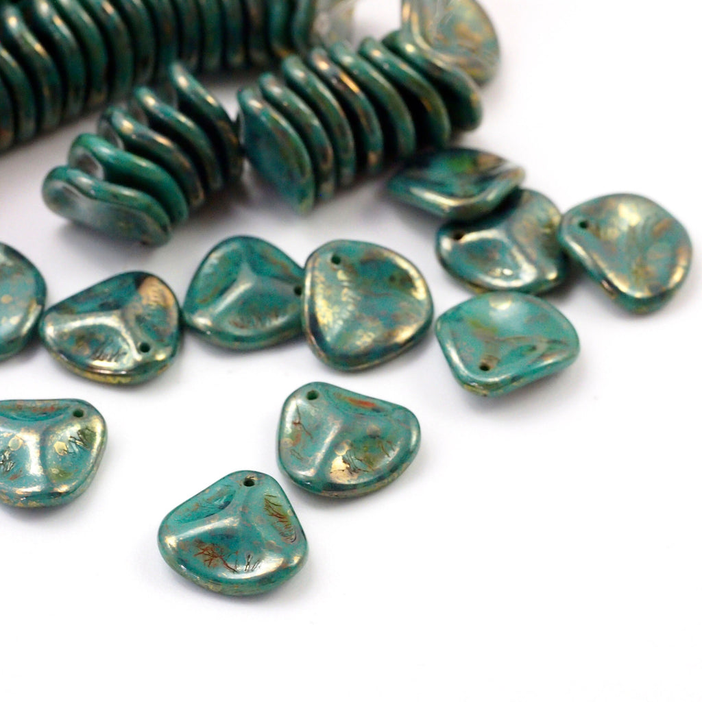 20 Turquoise Bronze Picasso Czech Rose Petal Beads Large 14mm X 13mm - 100% Guarantee