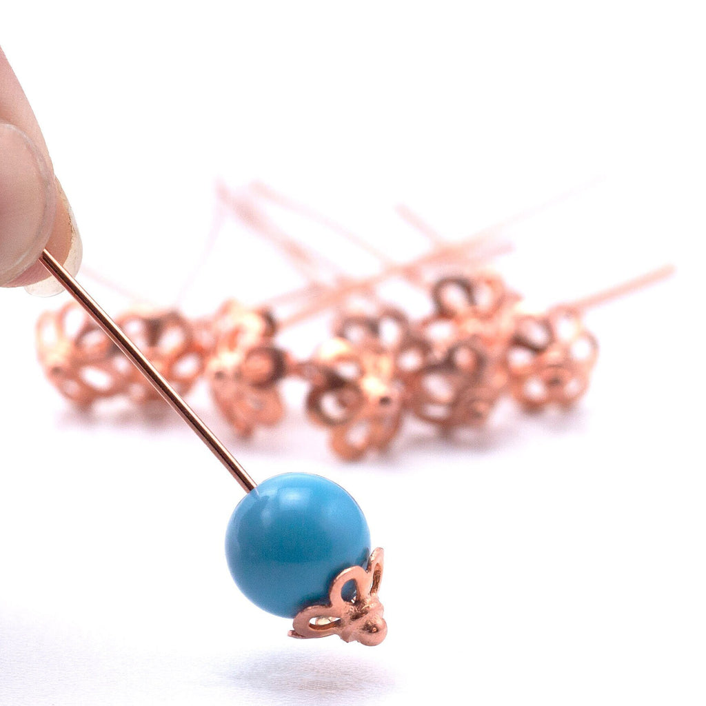 10 Solid Copper Flower Ball Head Pins - 20 or 22 gauge - 2 inches Long - 5cm Long - 8mm Flower Ball