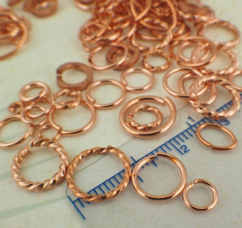 Deluxe Sample Pack 100 Solid Copper Jump Rings - Fancy, Square and Round - Great Selection of Sizes and Gauges