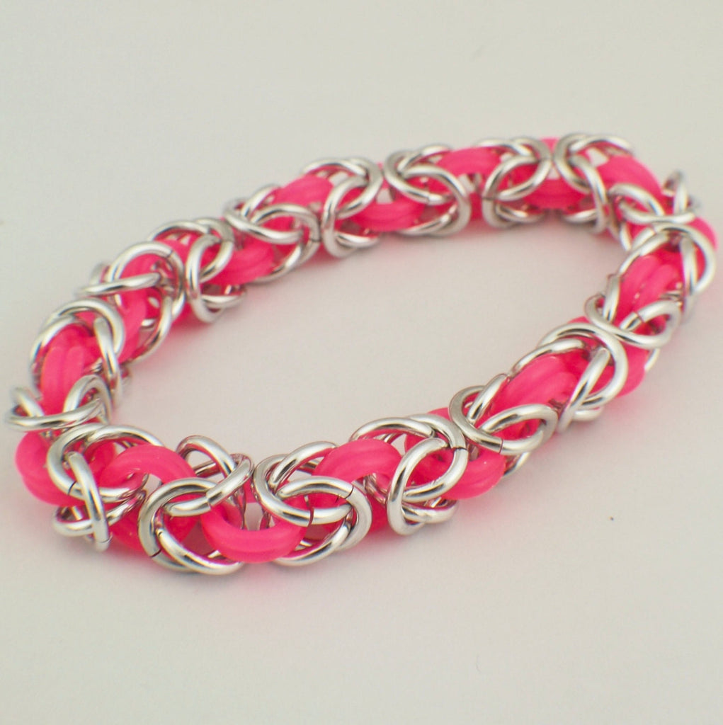 Premium Byzantine Stretch Chainmaille Bracelet Kit - Neon Rubber and Aluminum Easy and Fun