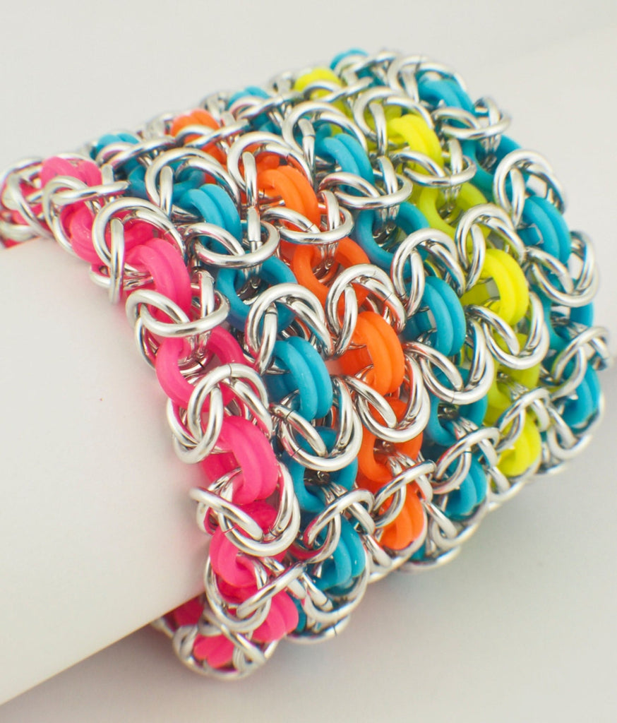 Premium Byzantine Stretch Chainmaille Bracelet Kit - Neon Rubber and Aluminum Easy and Fun
