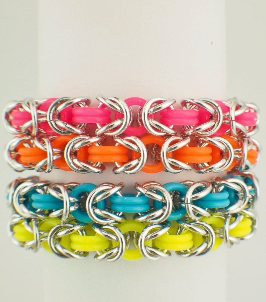 Premium Byzantine Stretch Chainmaille Bracelet Kit - Neon Rubber and Aluminum Easy and Fun