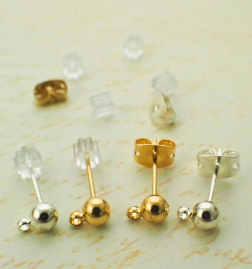 4 Pairs 3mm Ball Ear Posts with Loops in Silver or Gold Plate with Optional Ear Backs 100% Guarantee