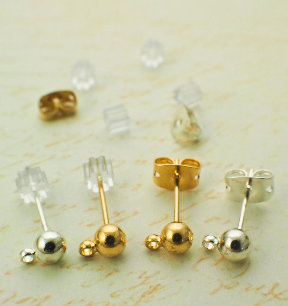 4 Pairs 4mm Ball Ear Posts with 0.75mm Loops in Silver Plate or Gold Plated with Optional Ear Backs - 100% Guarantee