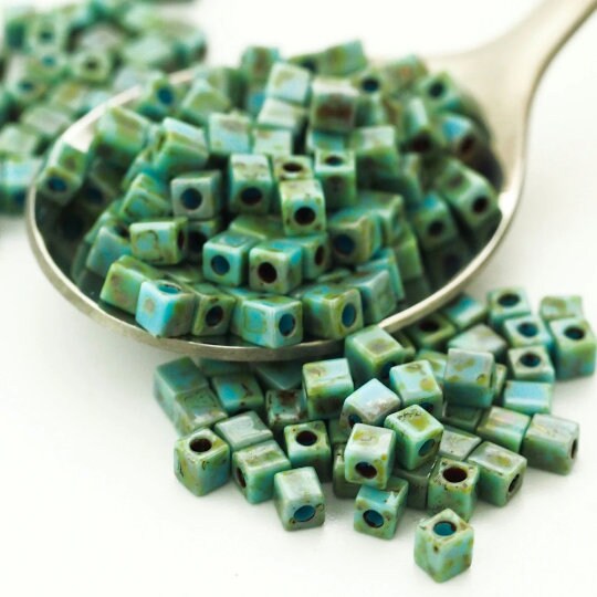 50 Turquoise Blue Picasso Miyuki 4mm Cube Seed Beads - 100% Guarantee