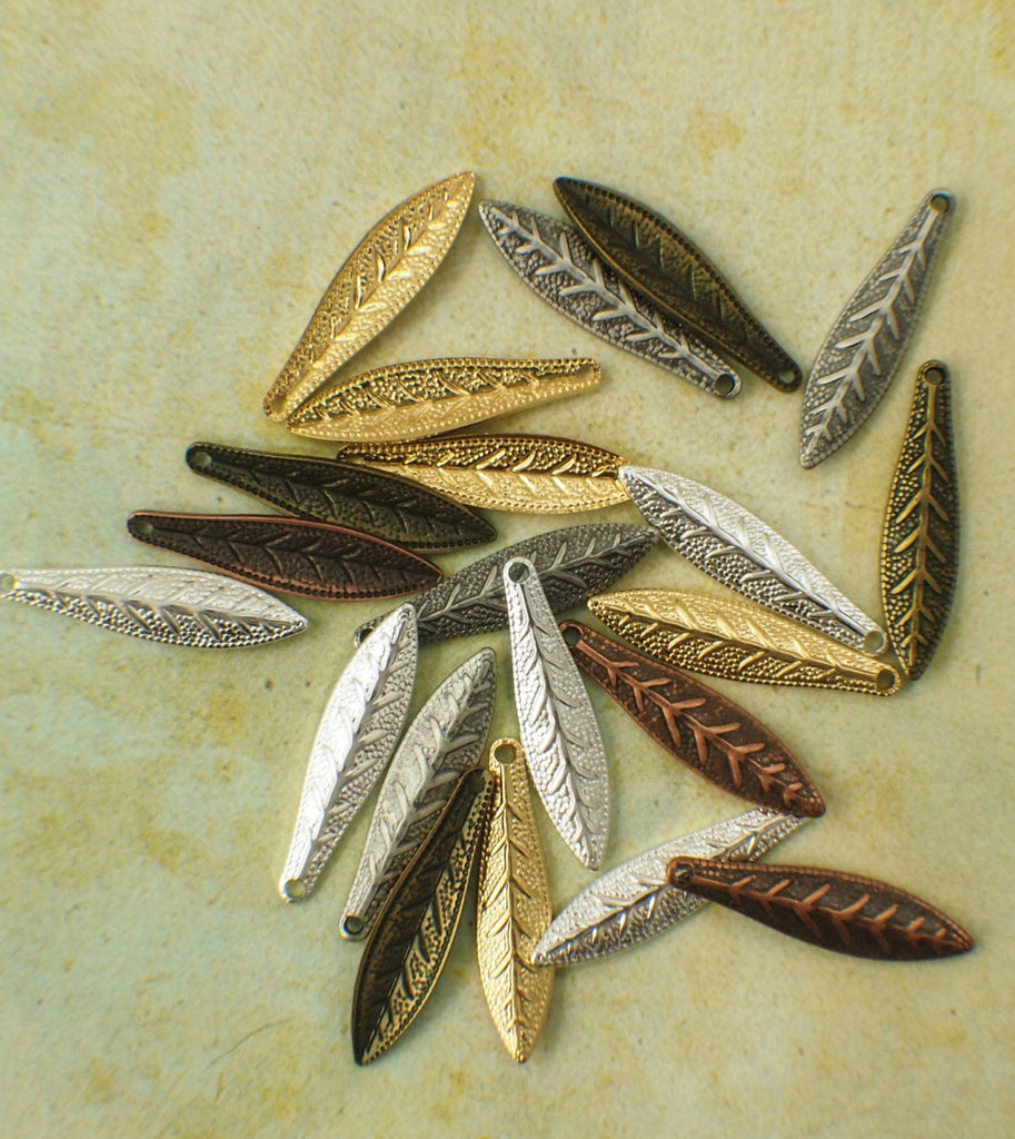 20 Textured Leaf Charms - You Choose Finish - 19mm X 5mm - 100% Guarantee