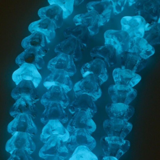 15 Glow in the Dark Luster Transparent Topaz Pink, Aquamarine, Sapphire Bell Flowers Czech Beads - 8mm x 6mm 100% Guarantee