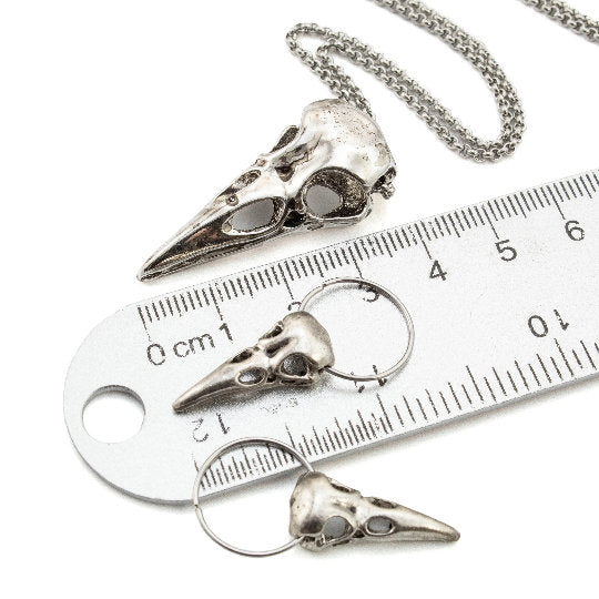 3D Raven Skull Earrings and Necklace in Antique Silver and Stainless Steel