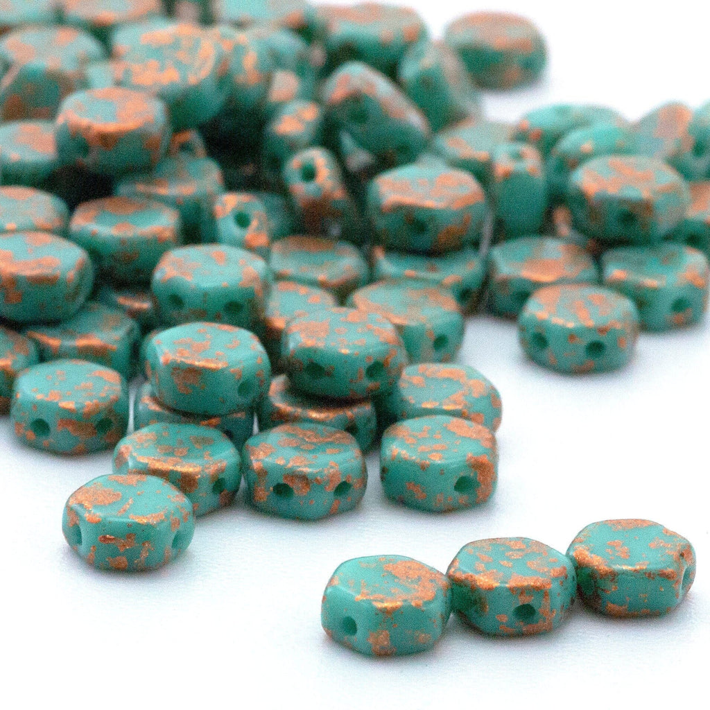 10 Turquoise Green Honeycomb Beads with Copper Splash - 6mm Czech Pressed Glass