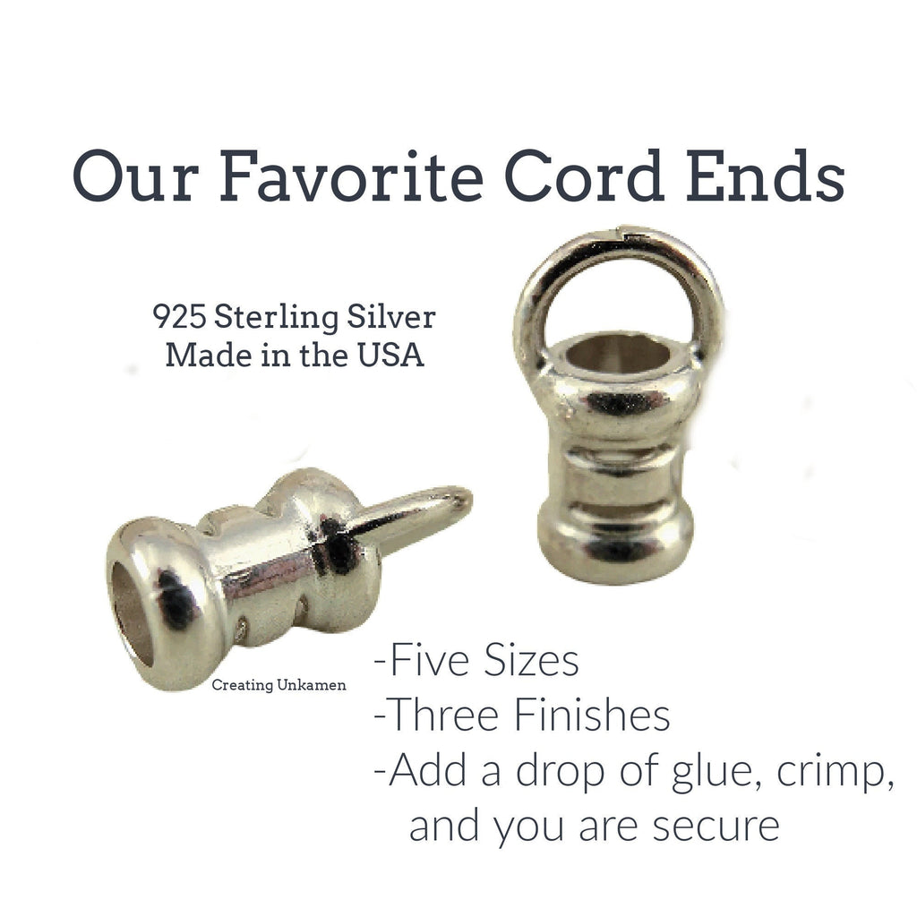 One Set of 2 Sterling Silver Cord Crimp Ends - 1mm, 1.5mm, 2mm, 2.5mm or 3mm - Made in the USA - Antique, Black or Bright Finish