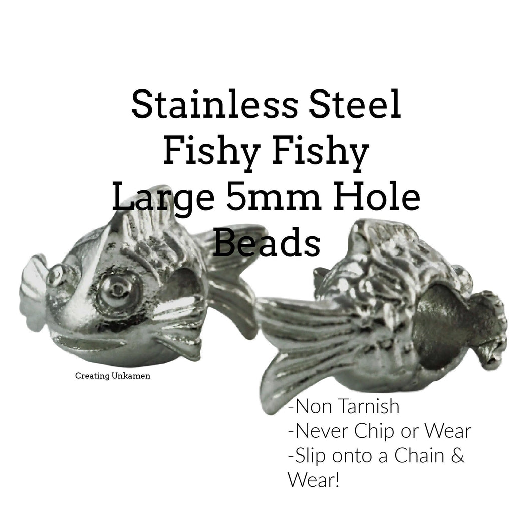 Clearance Sale 2 Stainless Steel Fishy Fishy Beads - 17mm X 15mm with Large 5mm Hole