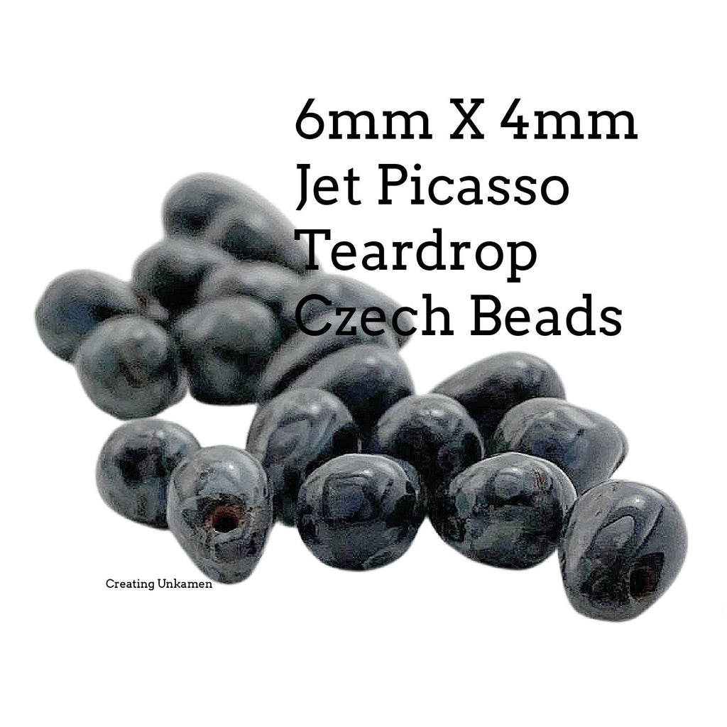 60 - 6x4mm Jet Picasso Teardrop Czech Beads - 100% Guarantee