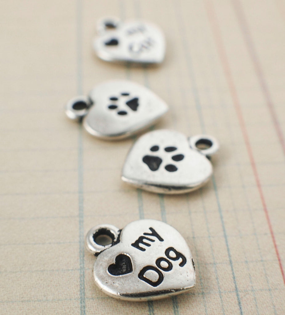 SALE - 3 Tierra Cast Heart Shaped Charms - Love My Mom, Cat or Dog - 12mm X 10mm - Made in the USA - 100% Guarantee