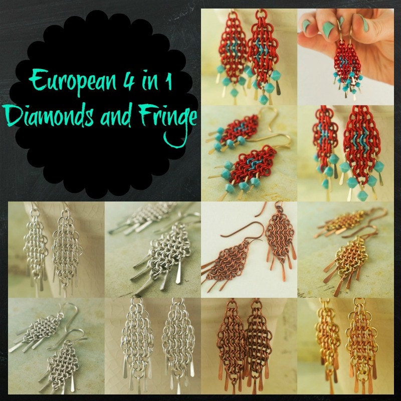 European 4 in 1 Diamonds and Fringe Chainmaille Earring Tutorial - PDF