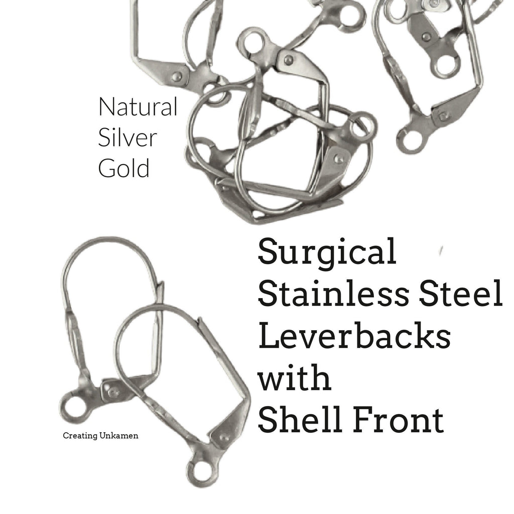 5 Pairs Surgical Stainless Steel Leverback Ear Wires with Shell Front - Also Silver Plate and Gold Plate