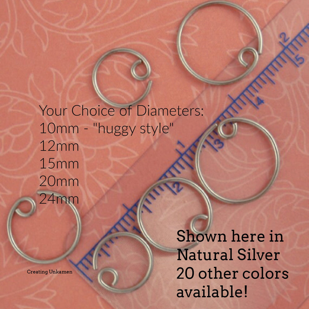 1 Pair Titanium Hypoallergenic Earring Hoops - 20 gauge - You Pick 10mm, 12mm, 15mm, 20mm, 24mm- Switch System - Natural Silver or 20 Colors