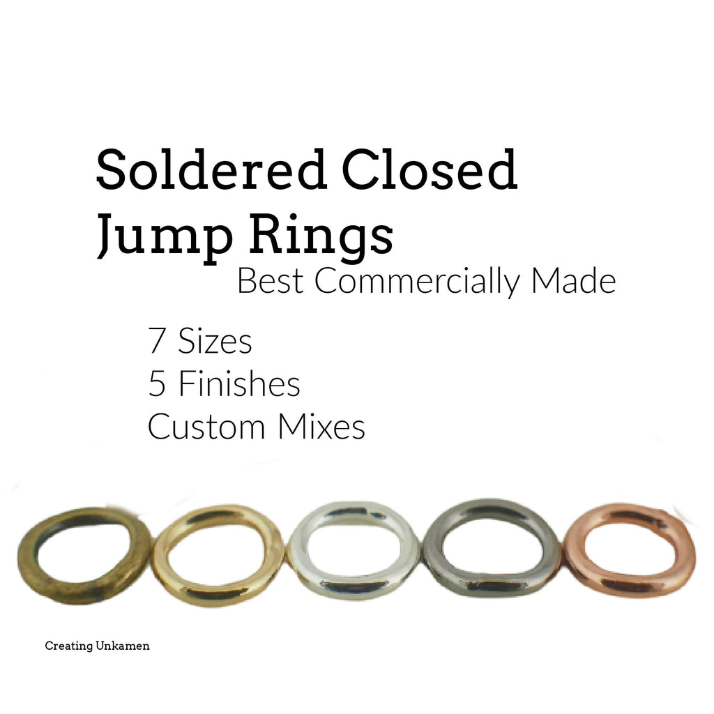 100 Soldered Closed Jump Rings 20 and 18 gauge 7 Sizes - Best Commercially Made - Silver Plate, Gold Plate, Antique Gold, Gunmetal, Copper