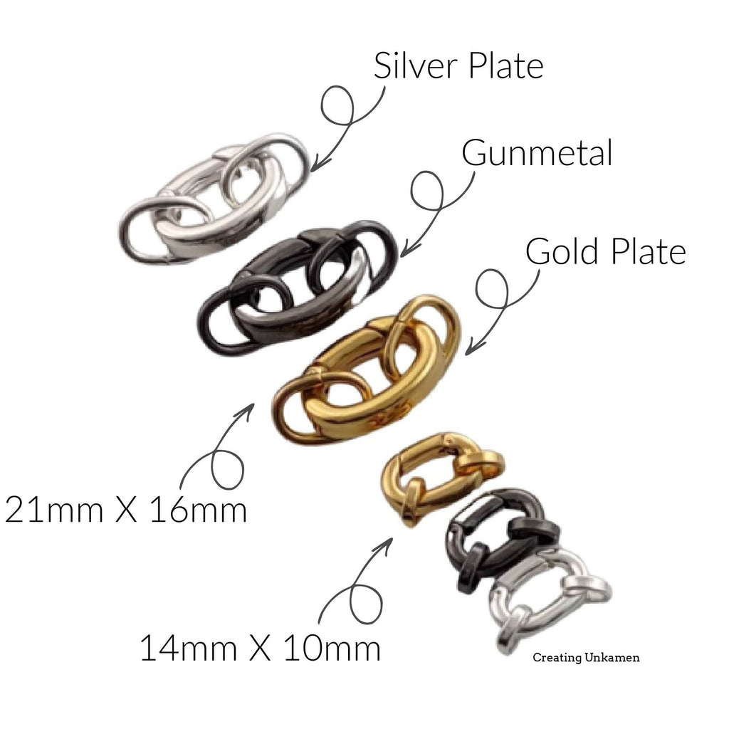 Triggerless Oval Clasp with 2 Matching Oval Jump Rings in 2 Sizes Gold Plate, Silver Plate, Gunmetal