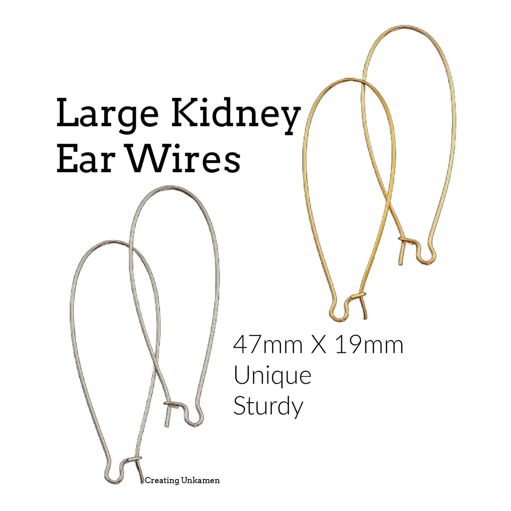 10 Pairs Large Kidney Ear Wires - Silver or Gold Plate - 47mm X 19mm