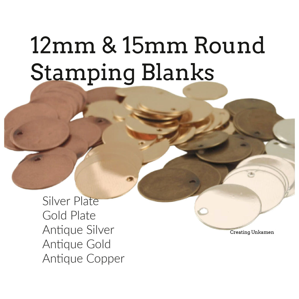 20 Round Stamping Blanks - 12mm in Gold Plate, Silver Plate, Antique Silver, Antique Gold, Antique Copper 100% Guarantee