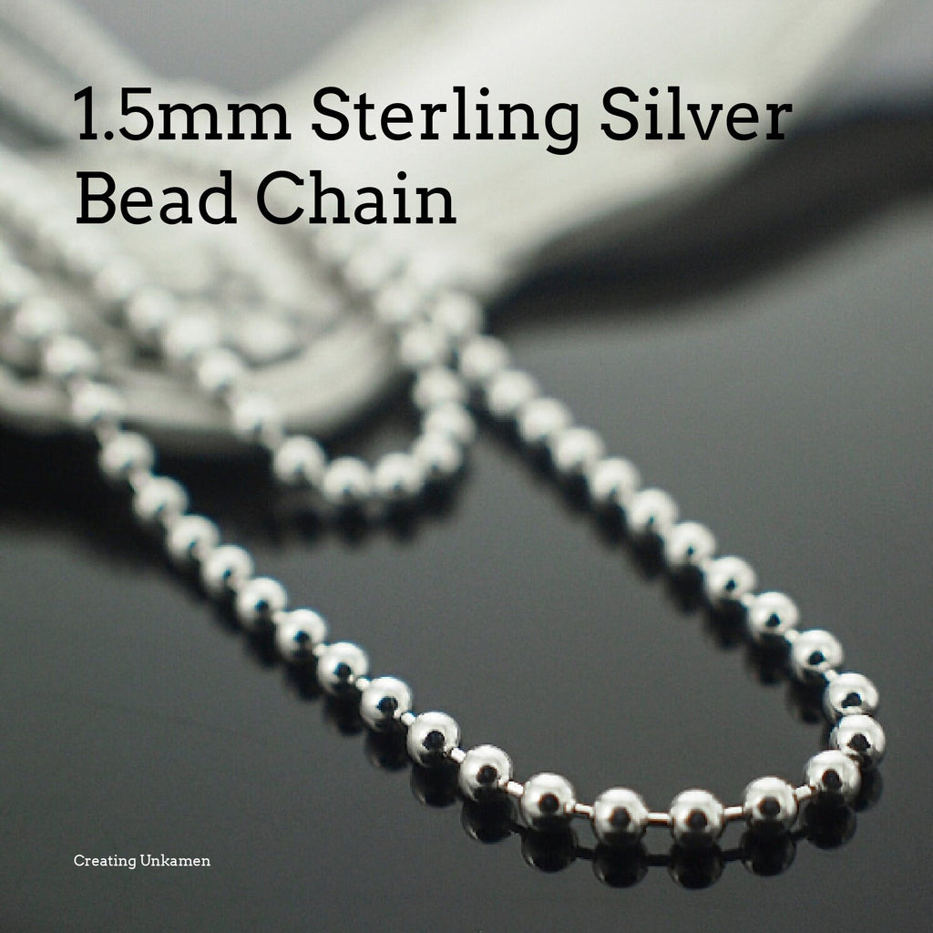 1.5mm Sterling Silver Bead Chain by the Foot or 16", 18", 20", 24", 30", 36" - Also Antique Sterling and Black Sterling Silver 925 Chain