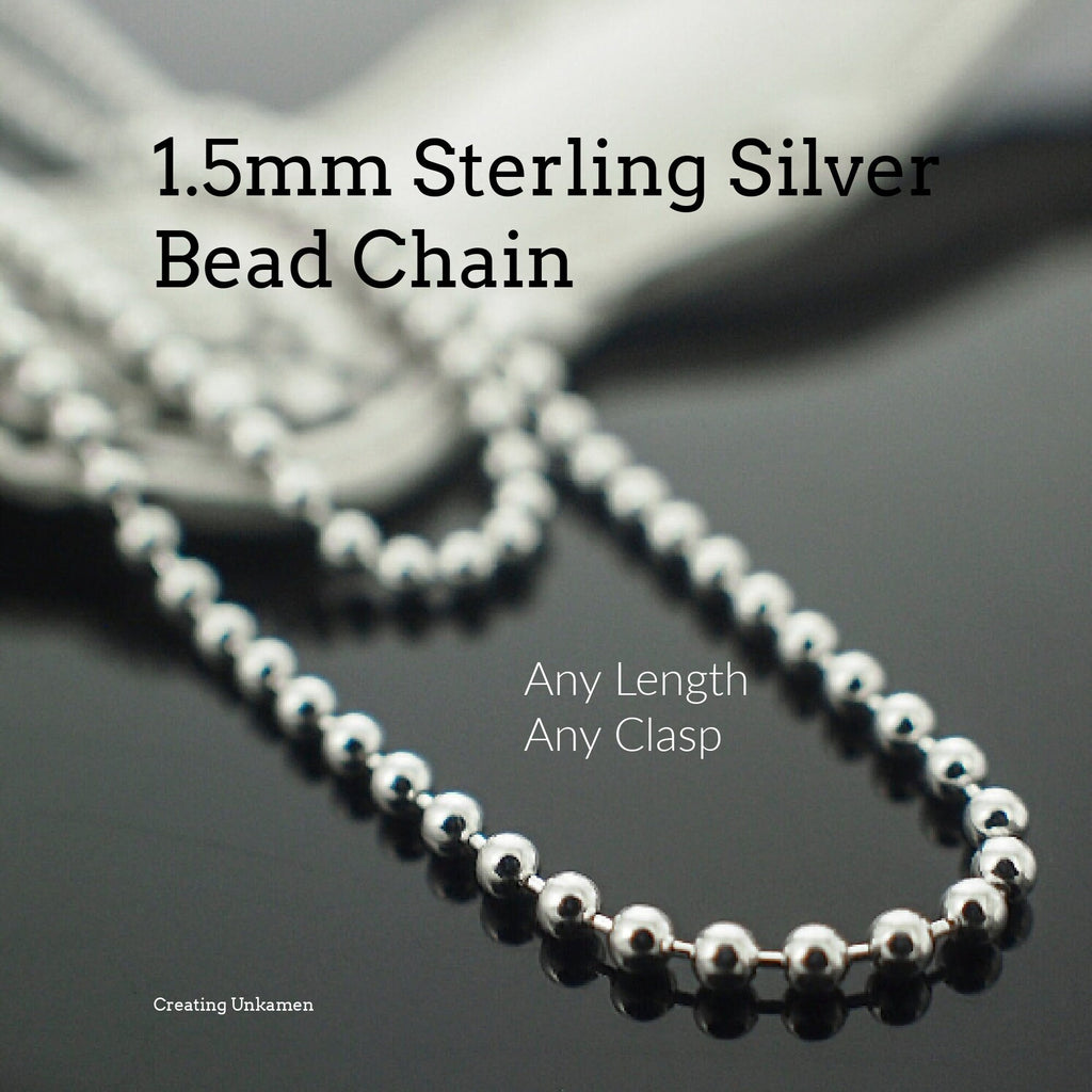 1.5mm Sterling Silver Bead Chain by the Foot or 16", 18", 20", 24", 30", 36" - Also Antique Sterling and Black Sterling Silver 925 Chain