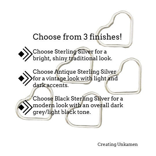 5 Sterling Silver Heart Jump Rings in 2 Sizes - Open or Soldered Closed - Shiny, Antique or Black Finish