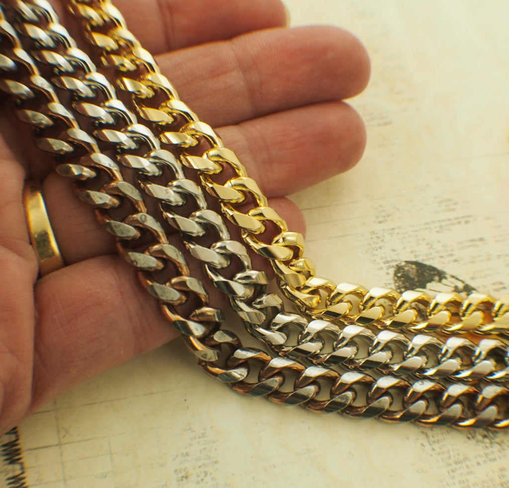 Rhodium Plate, 14kt Gold Plate, 18kt Gold Plate 8.6mm Diamond Cut Curb Chain - By The Foot - Made in the USA