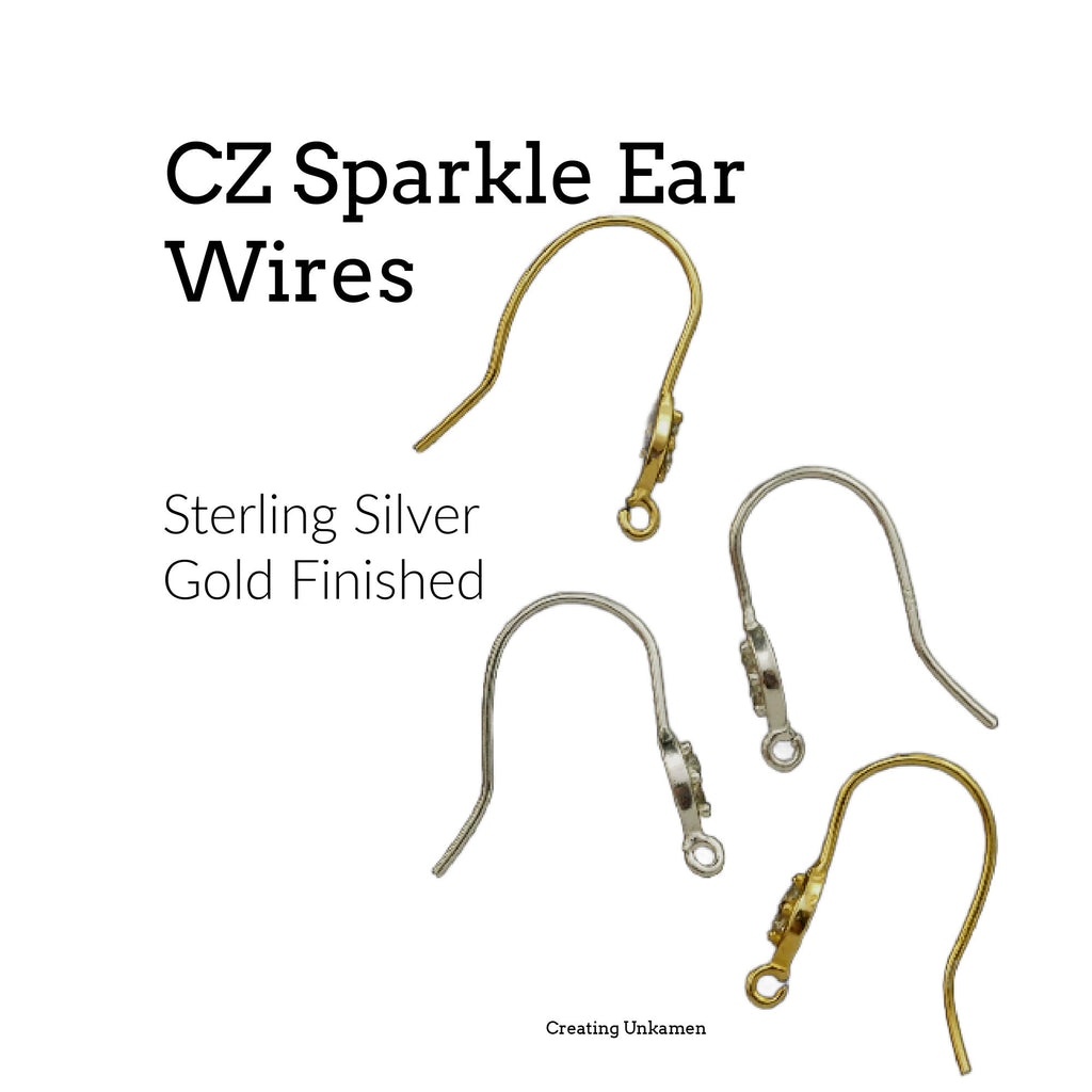 2 Pairs Sterling Silver Sparkle Ear Wires with CZ - 21 gauge - Also in Gold Finish