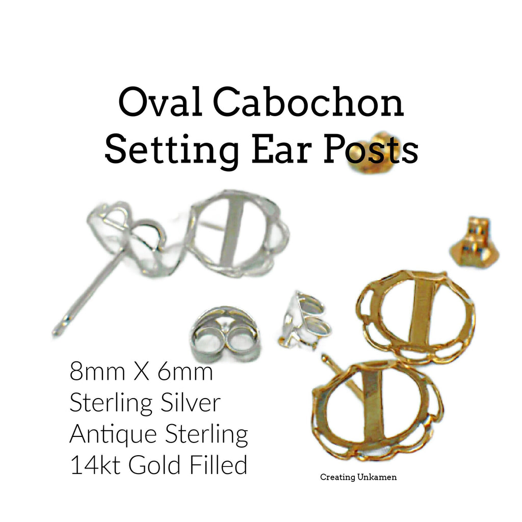 1 Pair Oval Cabochon Setting Ear Post - for 8mm x 6mm Cabochons - Ear Backs Included - Sterling Silver or 14kt Gold Filled - 100% Guarantee