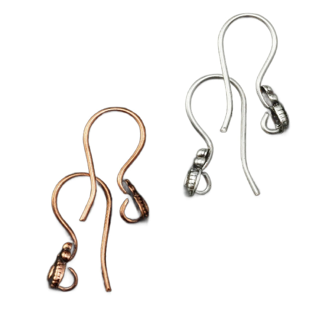 4 pairs - Ear Wires in 18 gauge with Fancy Teardrop - Antique Copper or Antique Silver Plated - 100% Guarantee