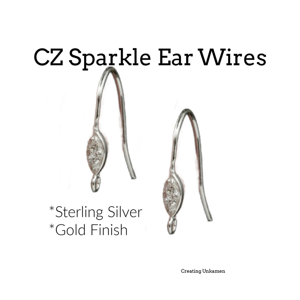 2 Pairs Sterling Silver Sparkle Ear Wires with CZ - 21 gauge - Also in Gold Finish