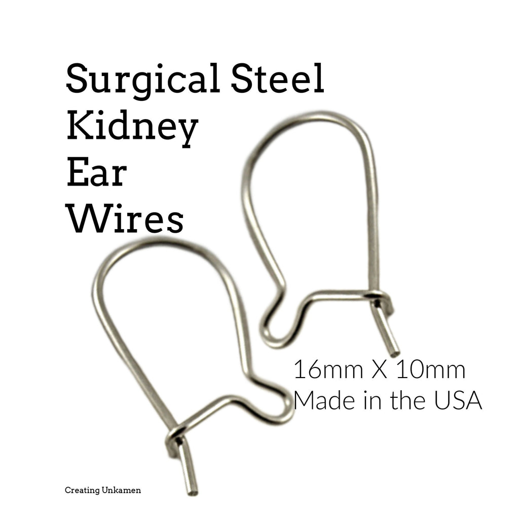 10 Pairs Surgical Steel Kidney Ear Wires - 16mm x 10mm - Made in the USA