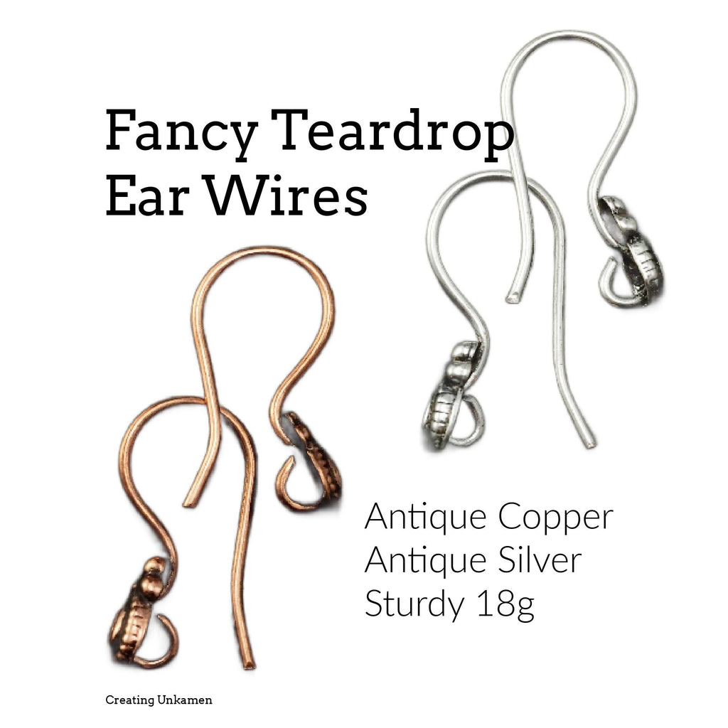 4 pairs - Ear Wires in 18 gauge with Fancy Teardrop - Antique Copper or Antique Silver Plated - 100% Guarantee