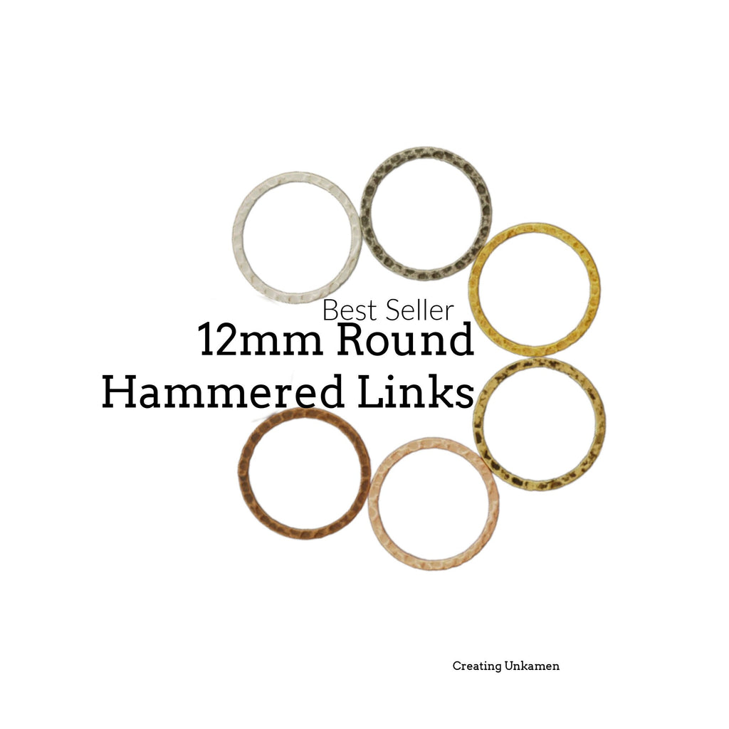 7 Hammered Round Link Conectors - 12mm in Silver Plate, Gold Plate, Gunmetal, Antique Gold, Antique Silver, Antique Copper and Copper