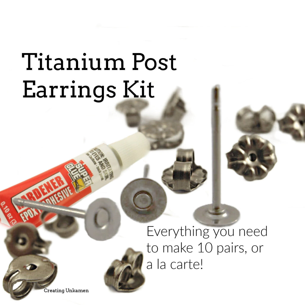 Titanium Post Earrings Kit - Makes 10 Pairs- Your Choice of Pad Size, Nuts and Resin - Hypoallergenic - Made in the USA