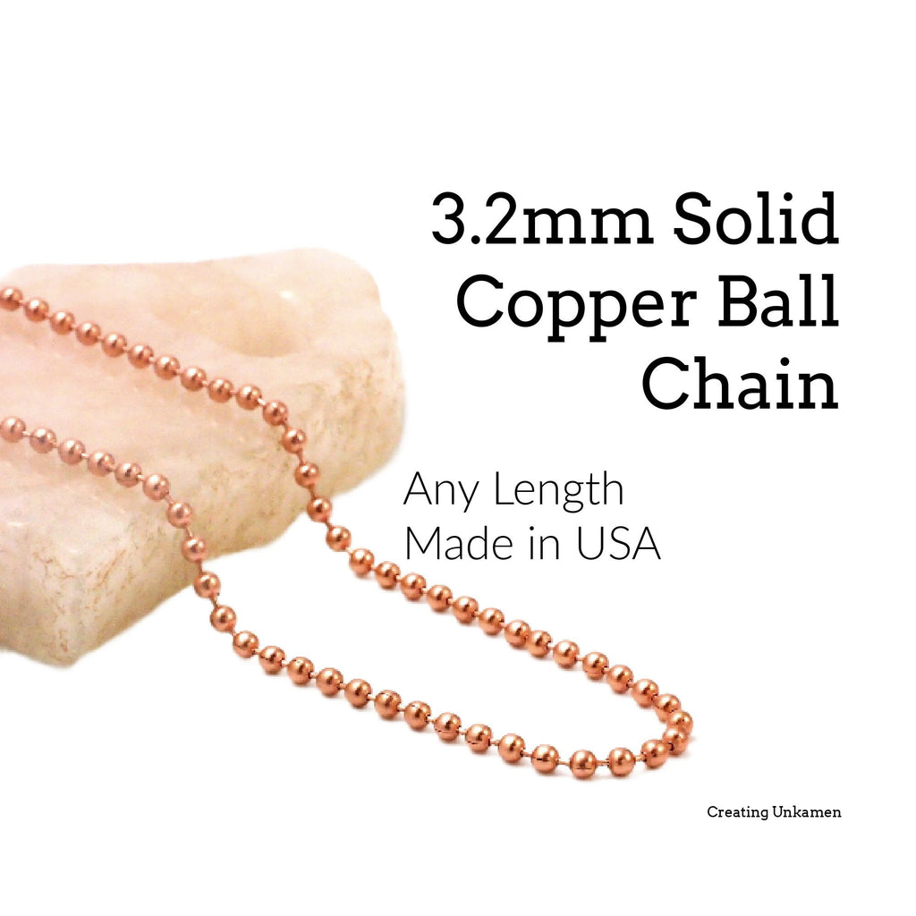 Solid Copper Ball Chain 3.2mm - By the Foot or Finished with Free Connectors - Shiny or Antique Finish - Made in USA Chain