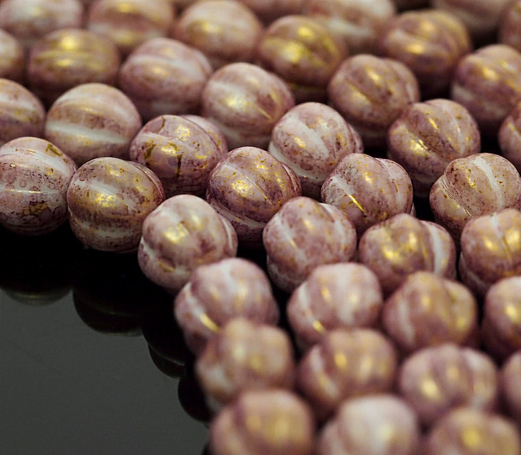 15 - 8mm Melon Beads - Luster Opaque Topaz Pink Corrugated Czech Glass Rounds -100% Guarantee