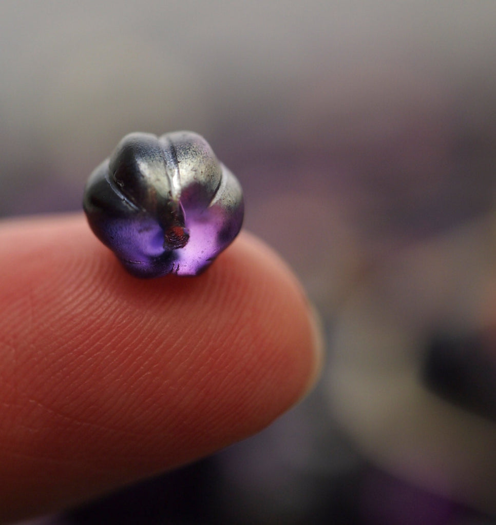 15 - 8mm Coated Marea Purple Jet Melon Beads - 100% Guarantee - Corrugated Czech Glass Rounds
