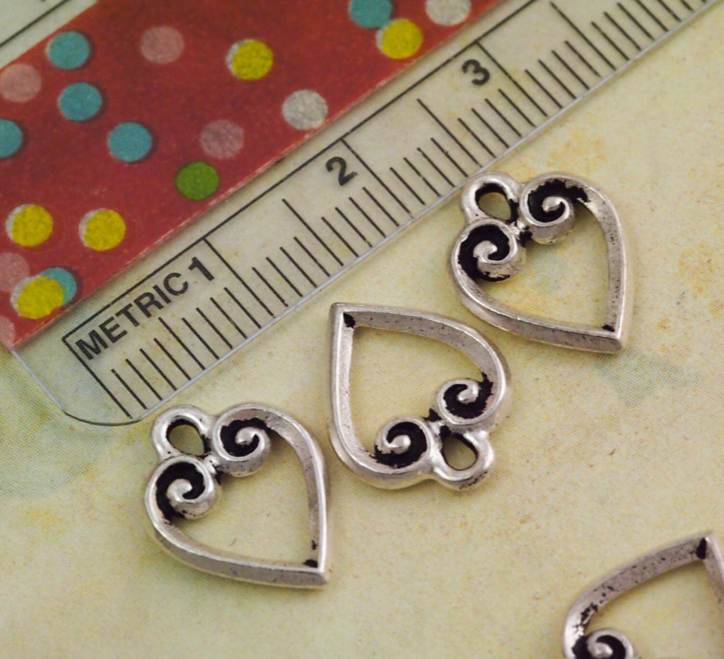 SALE - 3 Flourish Heart Charms - Made in the USA Tierra Cast - 13mm X 11mm - Antique Silver and Copper