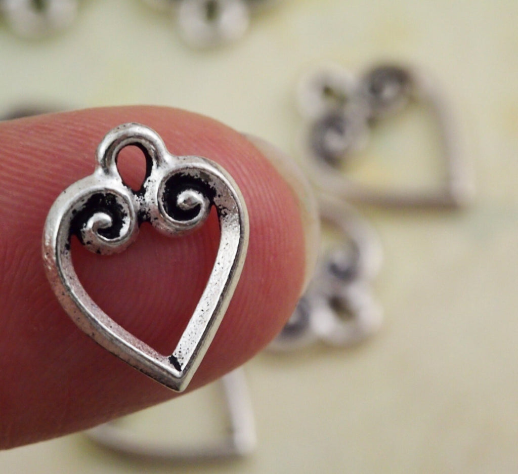 SALE - 3 Flourish Heart Charms - Made in the USA Tierra Cast - 13mm X 11mm - Antique Silver and Copper