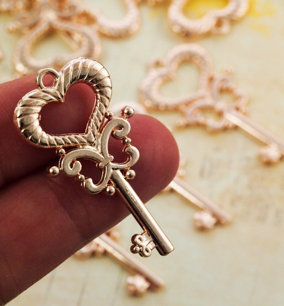 Clearance Sale 4 Rose Gold Plated Key Charms, Pendants - 39mm X 20mm - 100% Guarantee