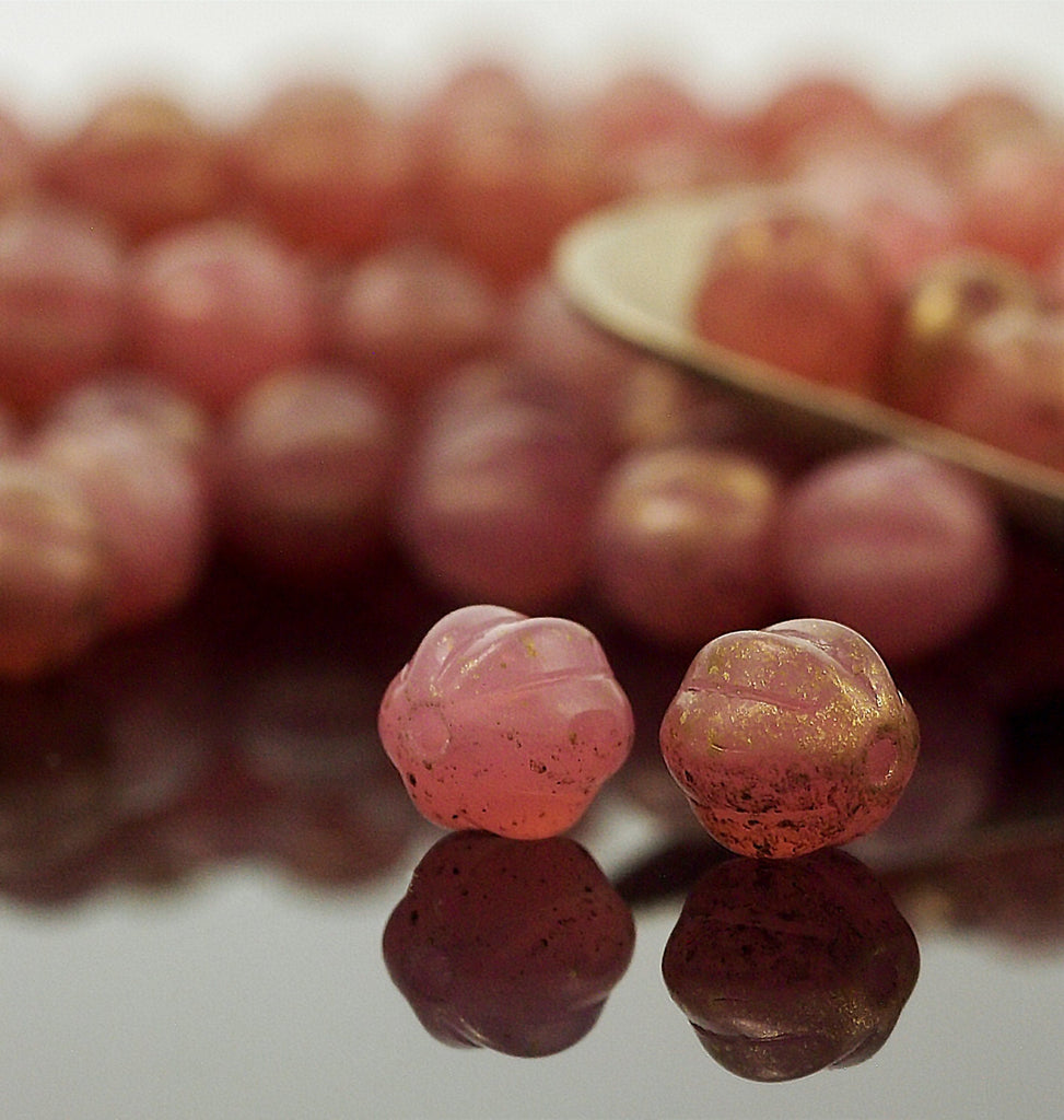 Clearance Sale 30 - 8mm Melon Beads - Milky Pink Marbled Gold Corrugated Czech Glass Rounds -100% Guarantee