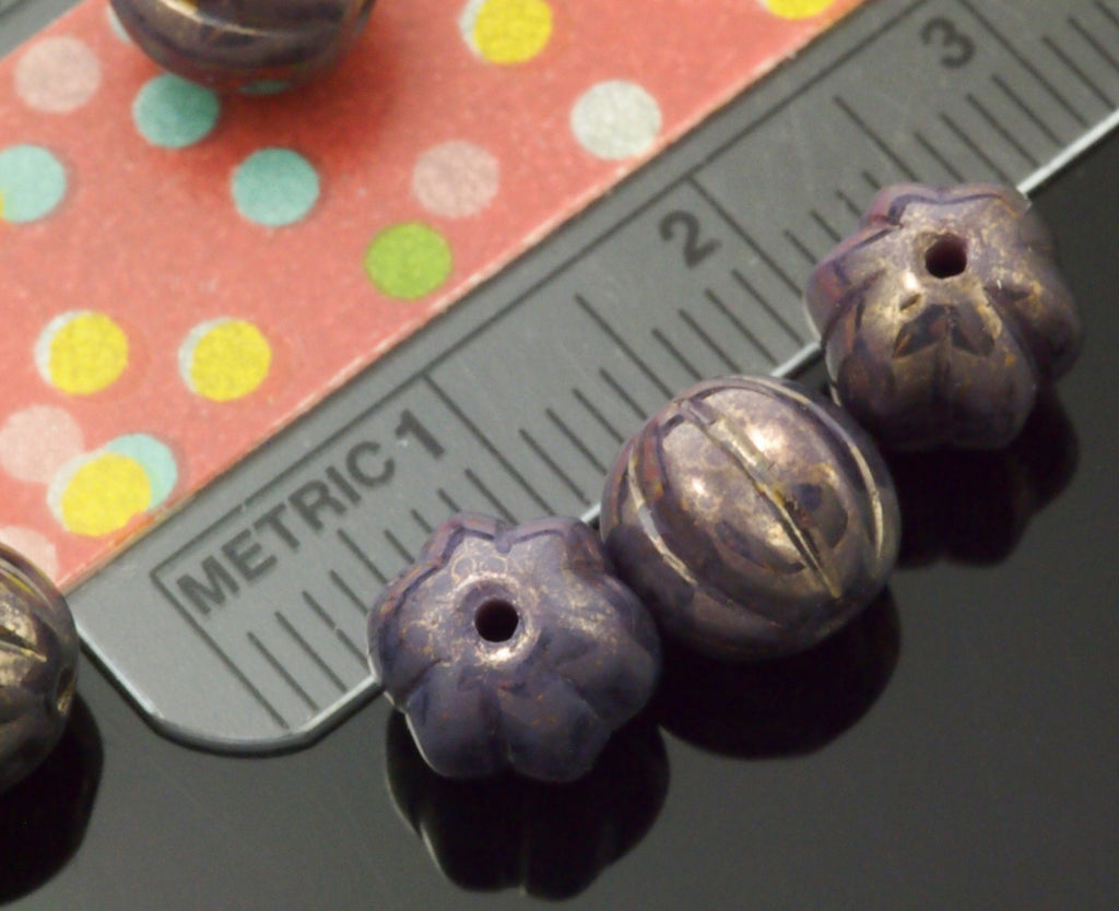 15 - 8mm Melon Beads - Opaque Amethyst Marbled Gold Corrugated Czech Glass Rounds -100% Guarantee