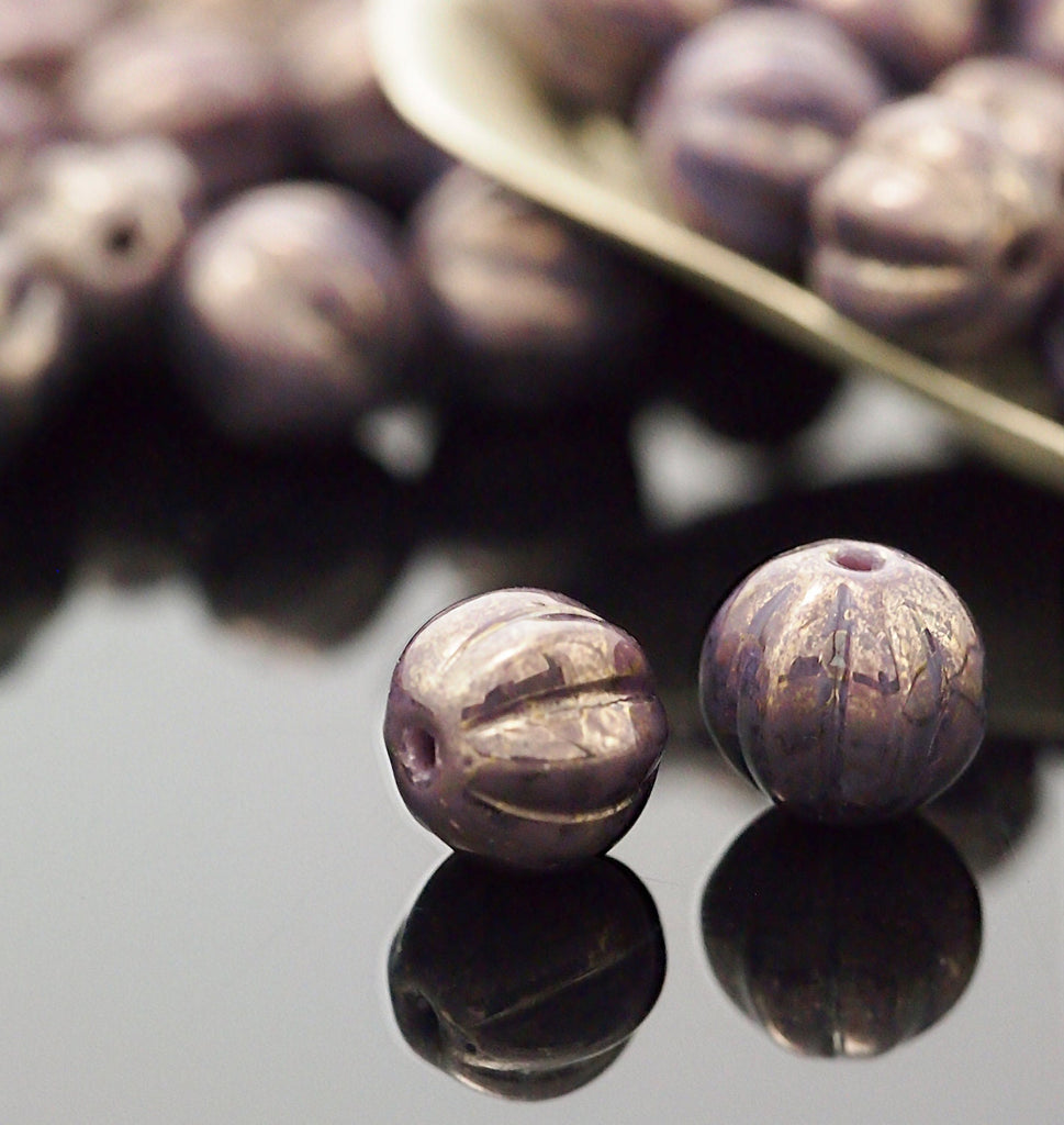 15 - 8mm Melon Beads - Opaque Amethyst Marbled Gold Corrugated Czech Glass Rounds -100% Guarantee